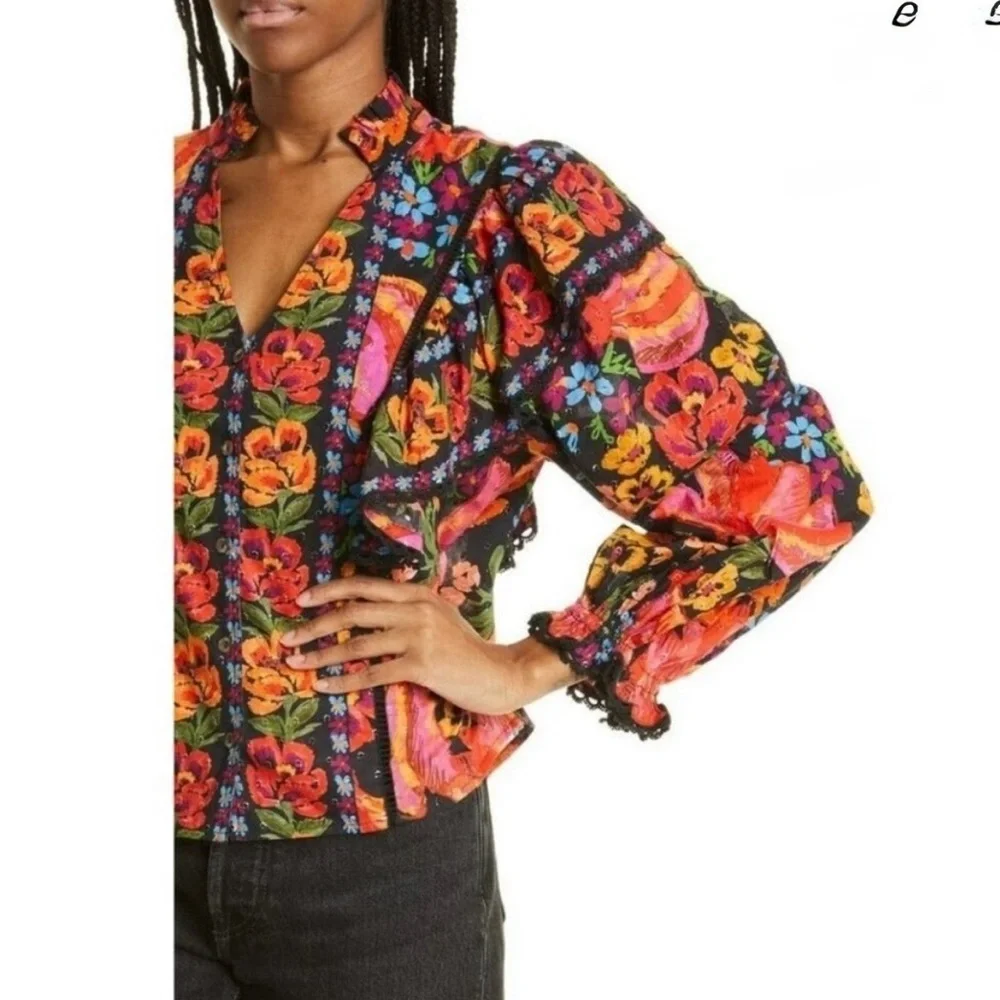 Farm Rio Spring Floral Banana Cotton Blouse  Size Small